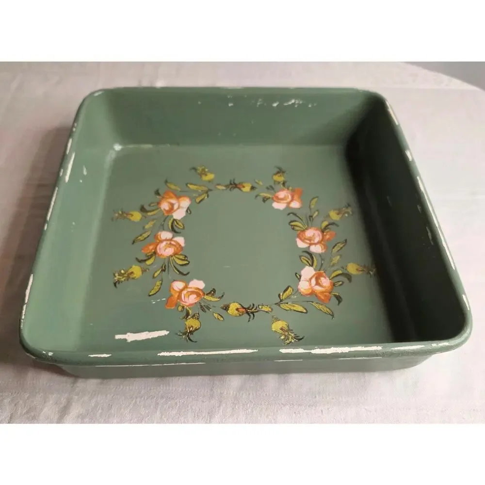 Enamel Pan Painted & Decorated w/Floral Transfer 9